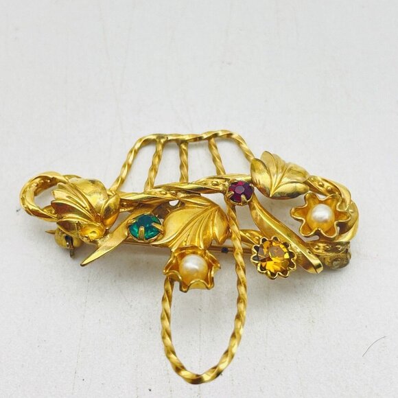Vintage DCE Flower Basket Brooch 1/20 14k GF Rhinestones Seed Pearls READ - Picture 3 of 8